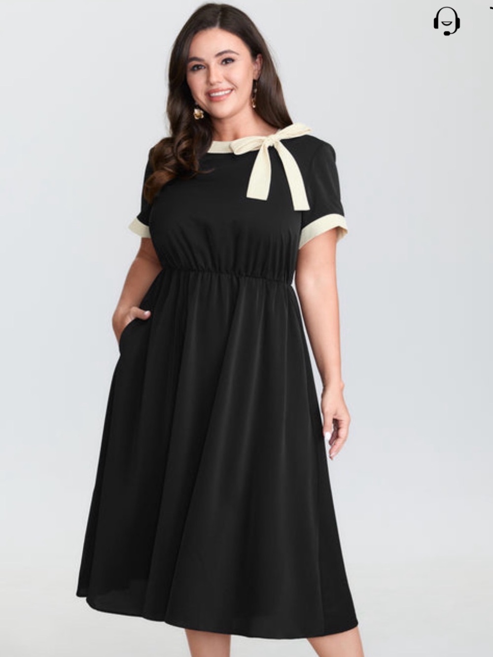 BloomChic Black Midi Dress with Cream Bow and Trim